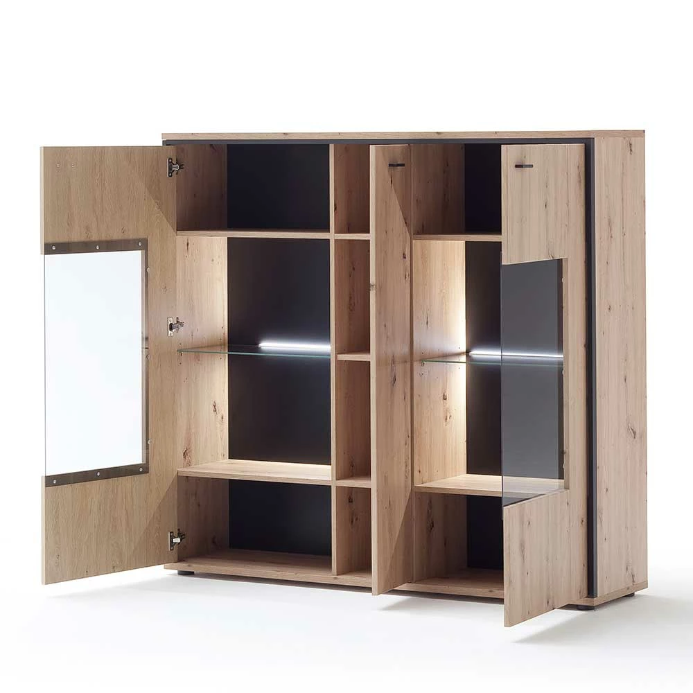 Besorgen 🎉 3-türiges Highboard Mit Glas In Holzdekor Eiche - Nikdus 🔔 – Bild 3