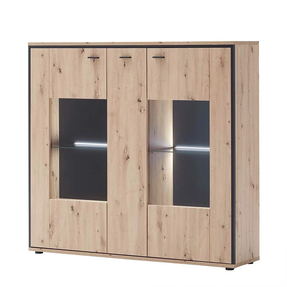 Besorgen 🎉 3-türiges Highboard Mit Glas In Holzdekor Eiche - Nikdus 🔔