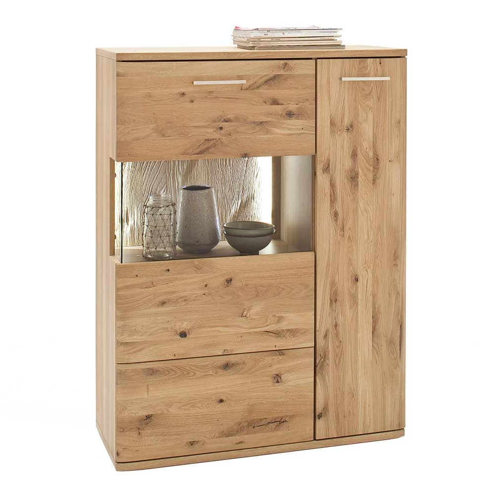 Brandneu 👍 Eiche Bianco Highboard Mit Glas Einsatz - Crokas I 💯