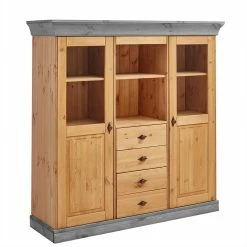 Blitzangebot 🔔 Landhaus Highboard Mit Glas Aus Kiefer - Eshelas 🎁