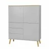 Aktion 😍 Mid Century Highboard In Grau & Eiche Revanio 3-türig ⭐