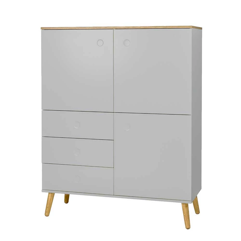 Aktion 😍 Mid Century Highboard In Grau & Eiche Revanio 3-türig ⭐